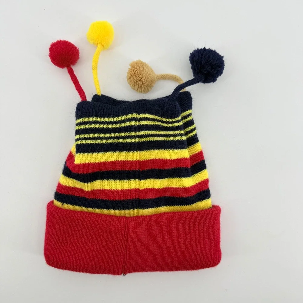 Winnie Pooh Infant Striped‎ Knit Beanie Hat Pom Poms Embroidery Red Navy Yellow